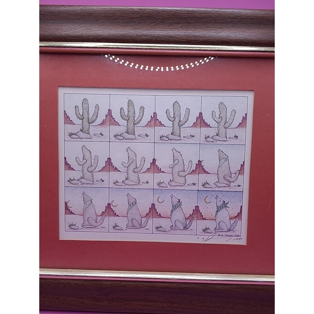 Signed Artwork: E. Halsey 1989 Transformation Framed Picture Cactus to Coyote - Picture 2 of 7